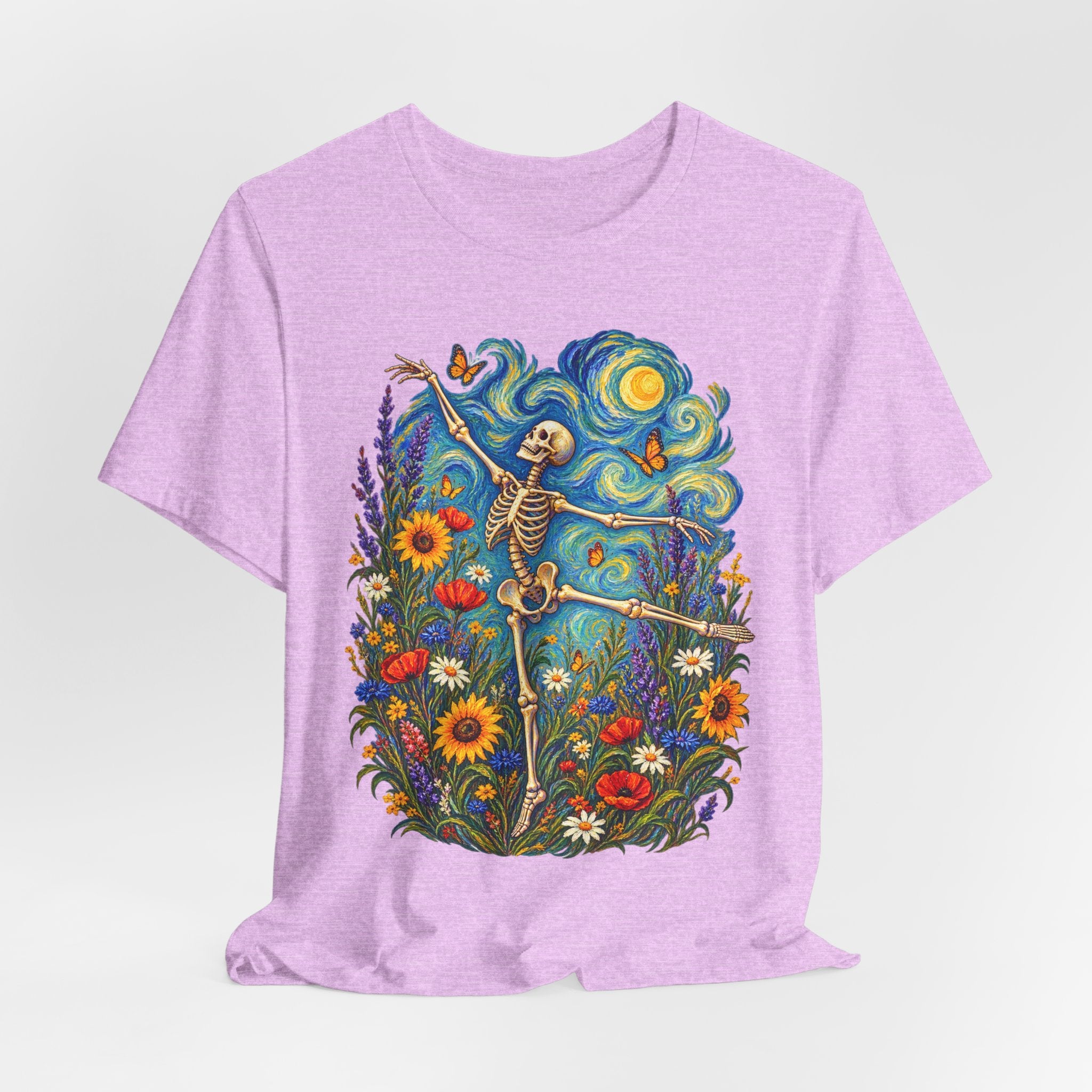 Starry Night Dancing Skeleton T-Shirt in Heather Peach - Van Gogh skeleton wildflower graphic tee, Barely Outdoorsy