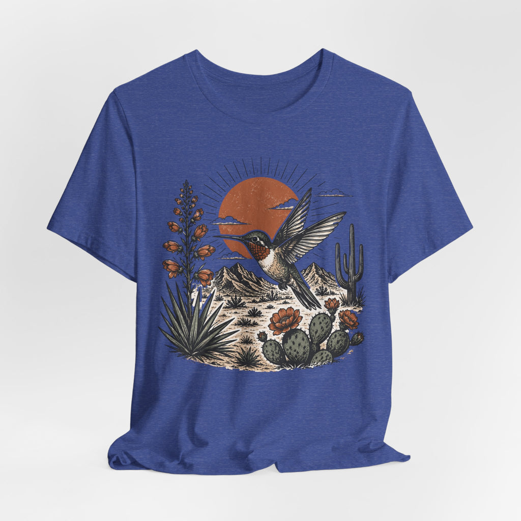 Sunset Hummingbird Desert Adventure T-Shirt in Heather Peach - hummingbird desert golden hour graphic tee, Barely Outdoorsy