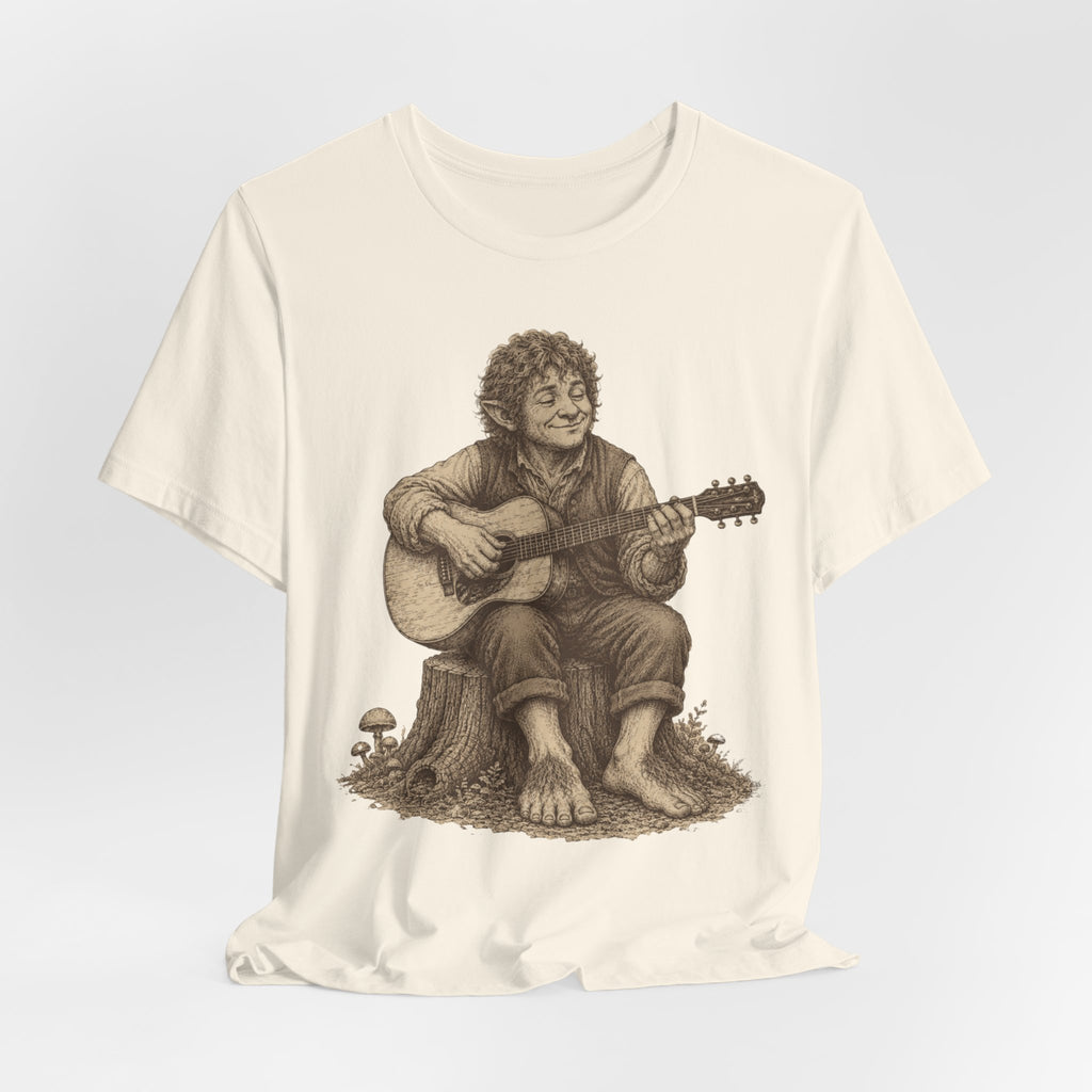 Halfling Guitar T-Shirt in Ash - vintage engraving halfling barefoot guitar RPG graphic tee, Barely Outdoorsy Bella Canvas