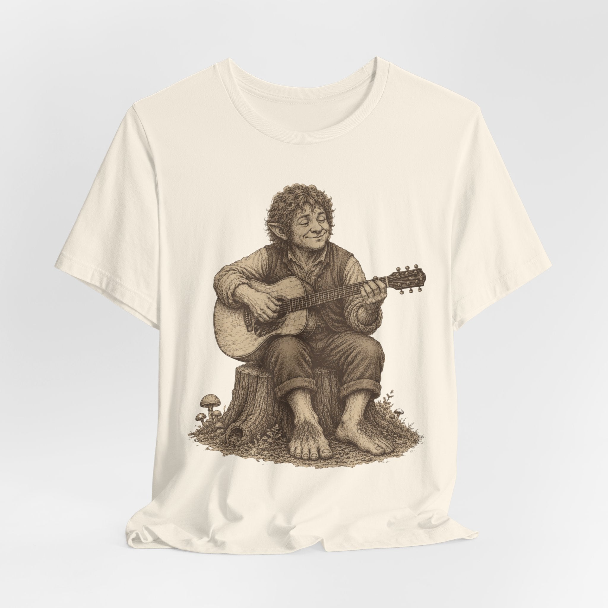 Halfling Guitar T-Shirt in Ash - vintage engraving halfling barefoot guitar RPG graphic tee, Barely Outdoorsy Bella Canvas