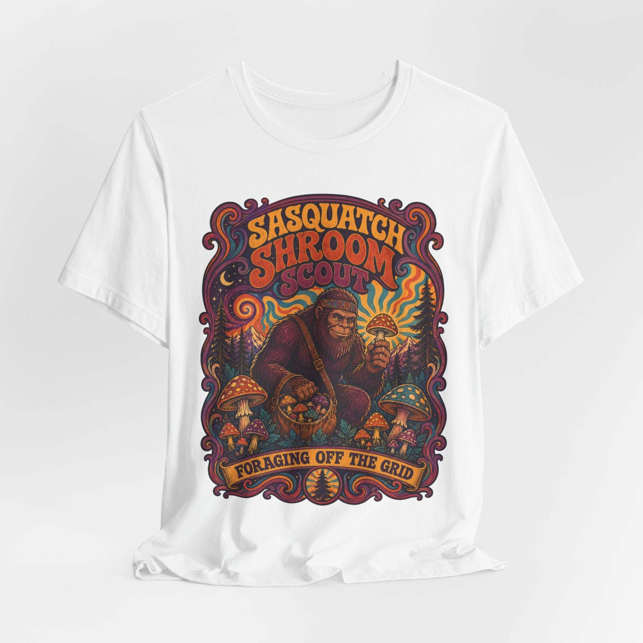 Sasquatch Shroom Scout T-Shirt in Navy - Bigfoot foraging fungi humor tee, Bella Canvas 3001