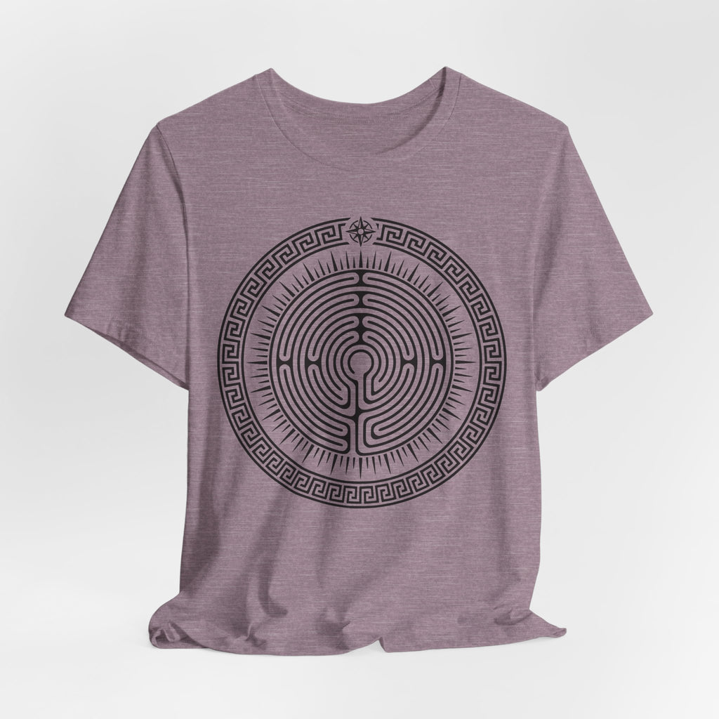 Journey Labyrinth T-Shirt in Heather Red - bold geometric maze graphic tee, Bella Canvas 3001