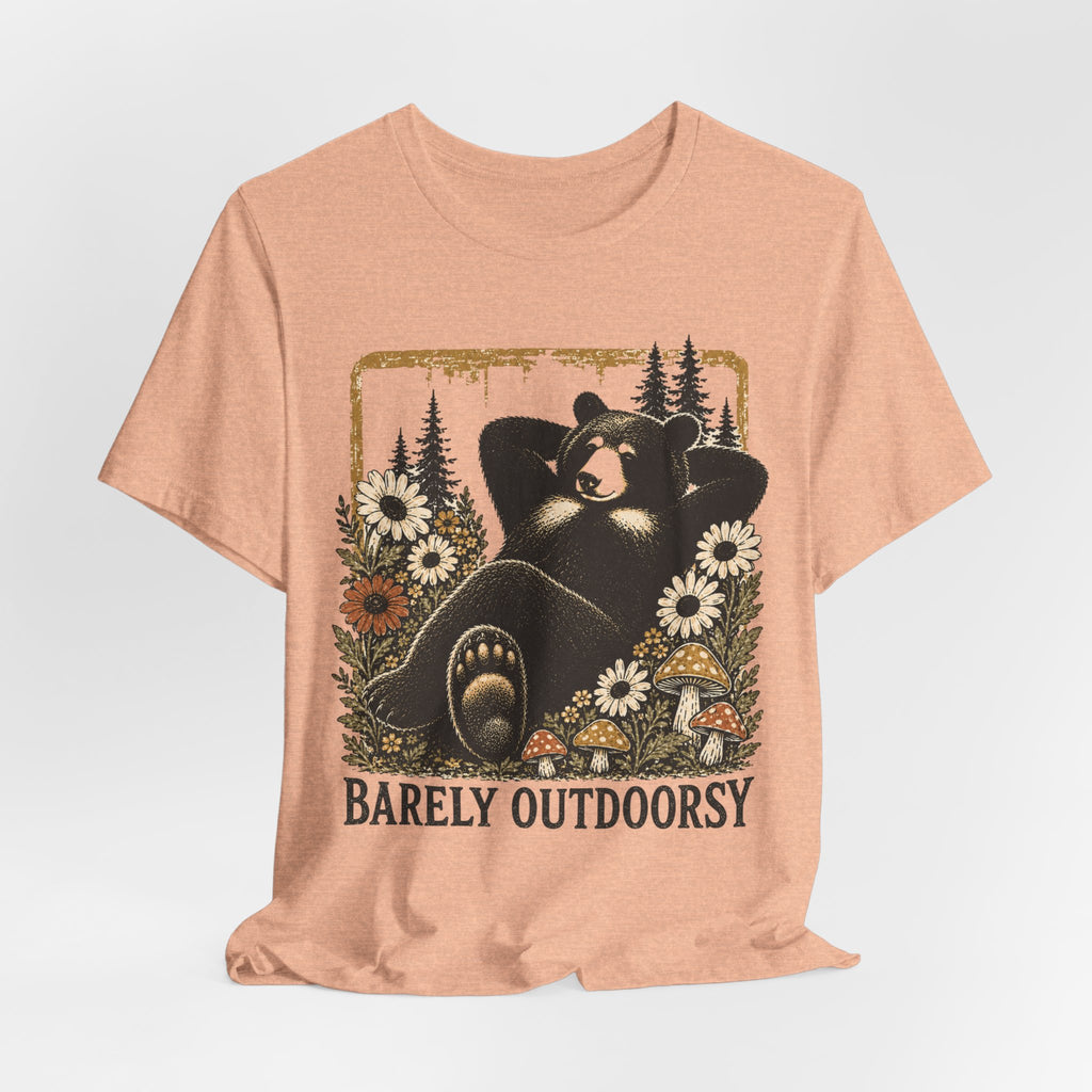 Barely Outdoorsy Lounging Bear Tee in Heather Peach - funny bear lazy nature humor shirt, Barely Outdoorsy