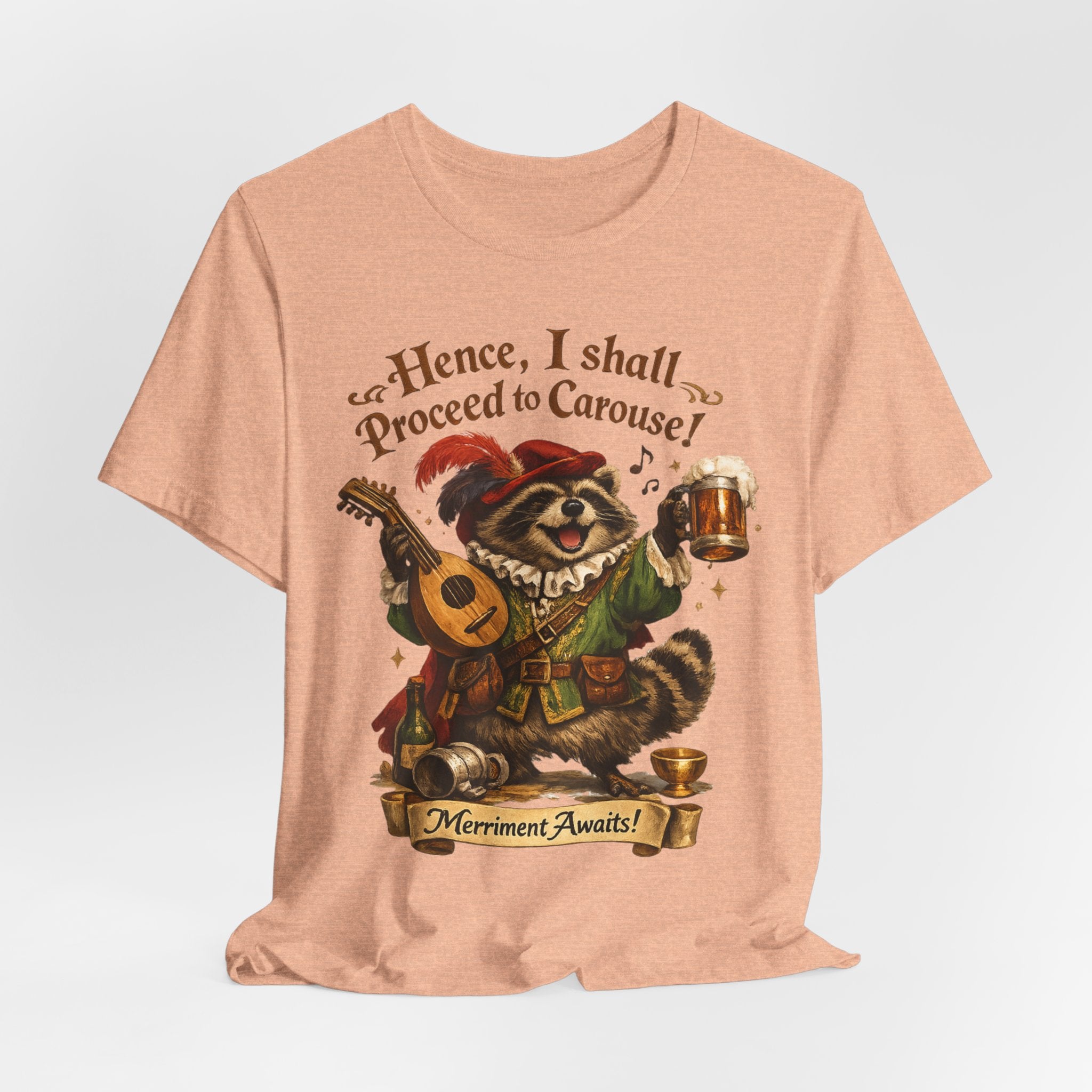 Raccoon Bard Tee in White detail - Renaissance raccoon feathered cap lute close-up graphic