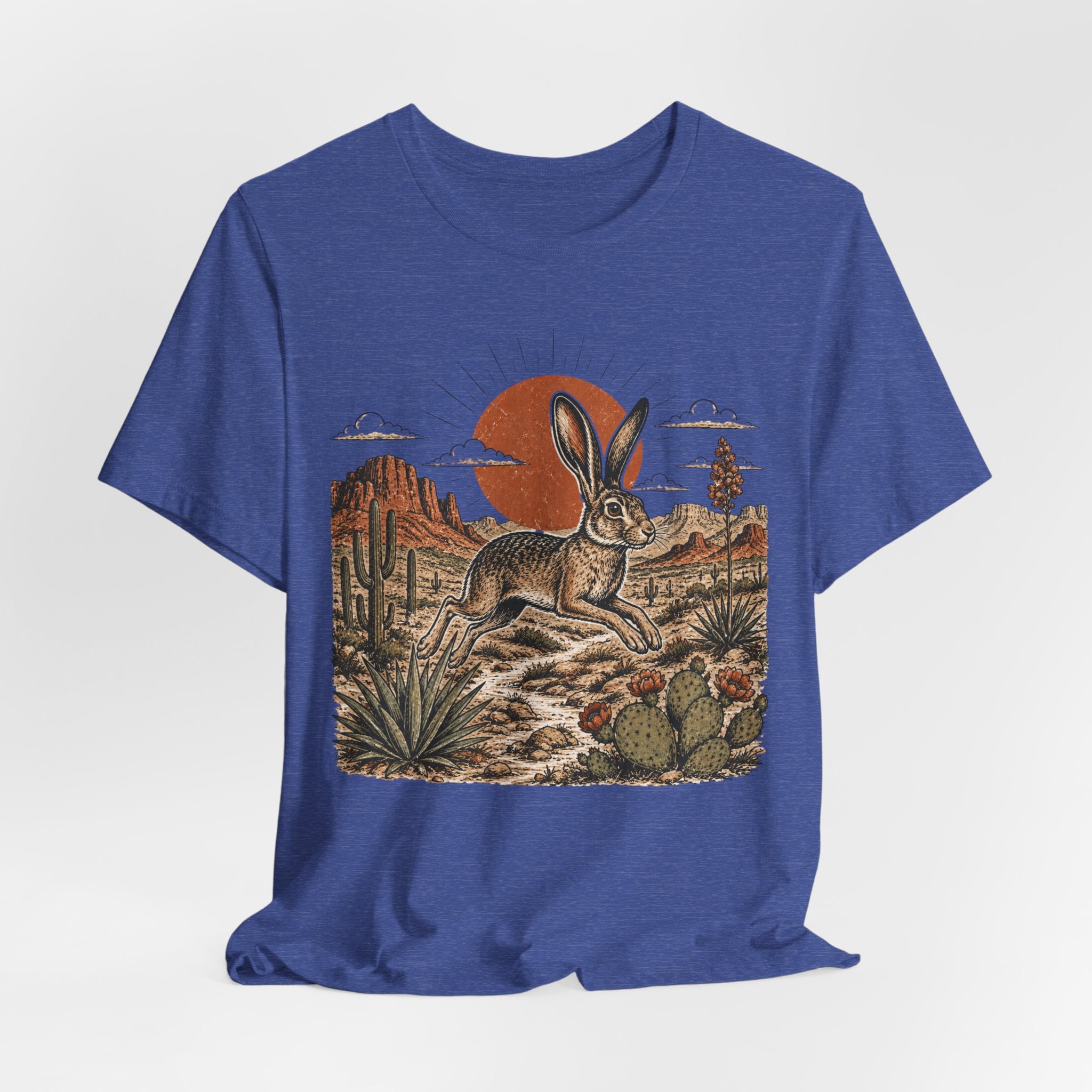 Desert Jackrabbit Sunset T-Shirt in Heather Peach - bold jackrabbit desert golden hour graphic tee, Barely Outdoorsy