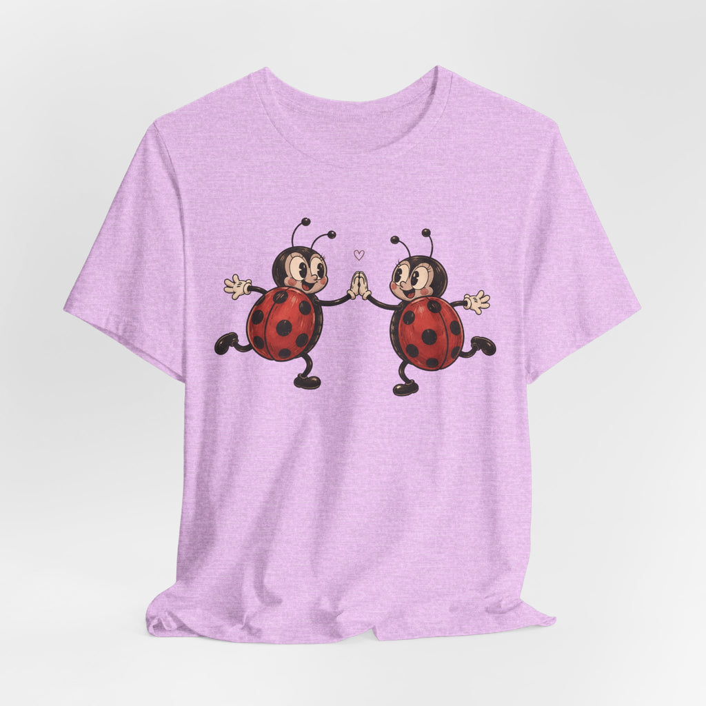 Dancing Ladybugs Tee flat lay Pink - unisex crew neck retro cartoon ladybug graphic tee, Barely Outdoorsy