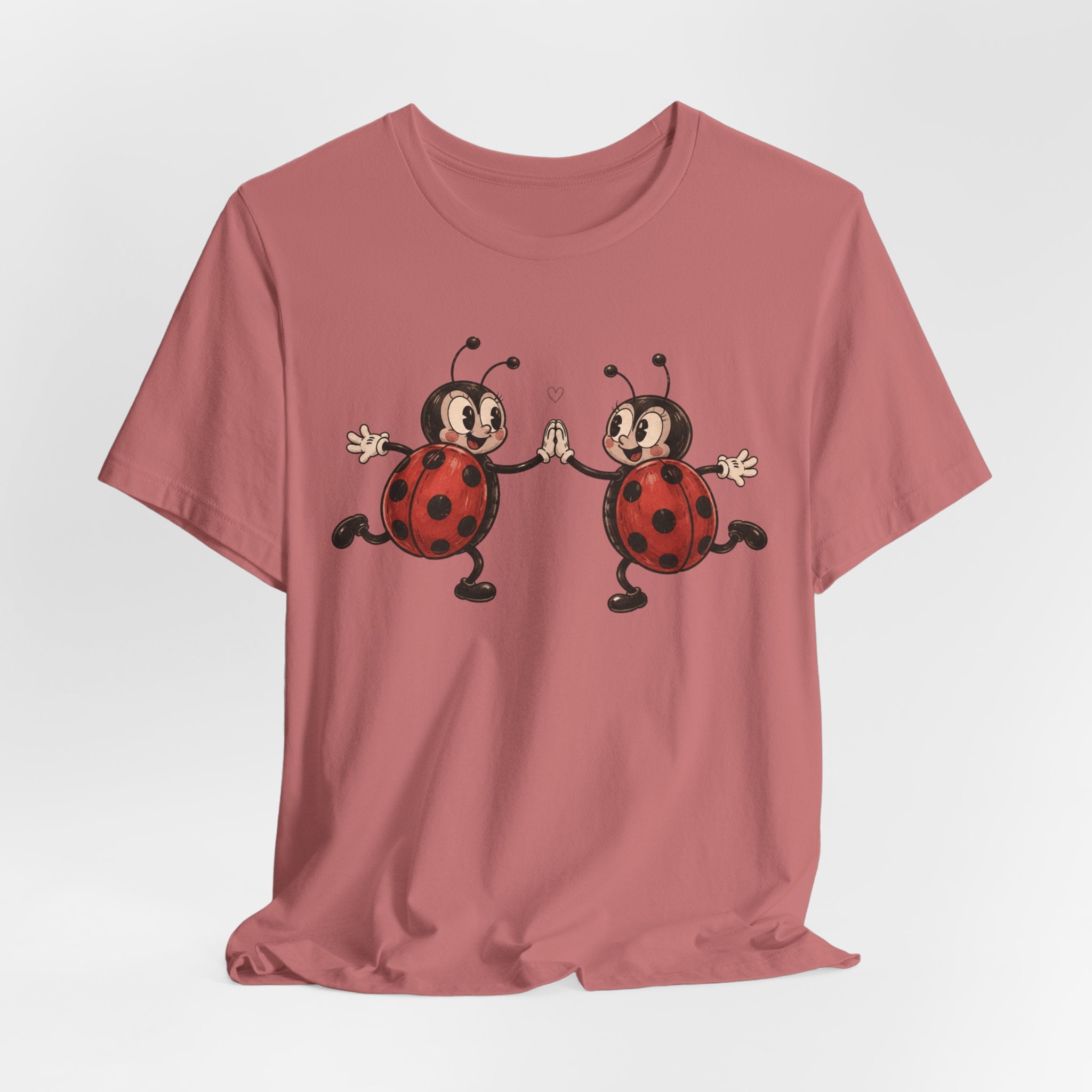 Dancing Ladybugs T-Shirt in Heather Peach - retro cartoon ladybugs heart dancing graphic tee, Barely Outdoorsy Bella Canvas