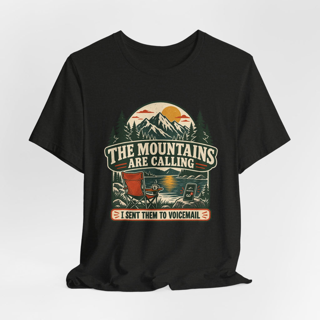 Mountains Are Calling Sent to Voicemail T-Shirt in Heather True Royal detail - funny mountains voicemail close-up graphic