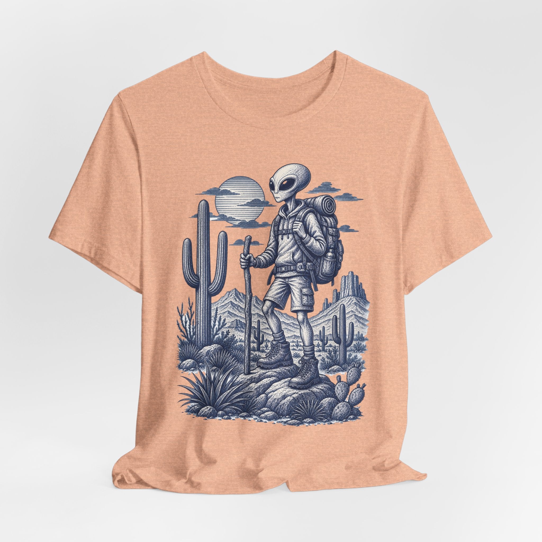 Alien Hiker Desert Backpacking Tee in Heather Peach - funny alien desert hiker shirt, Barely Outdoorsy Bella Canvas 3001