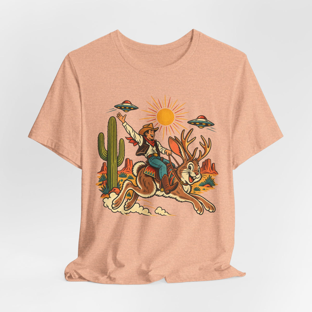Jackalope Rodeo Rider T-Shirt in Black Heather - funny retro jackalope rodeo graphic tee, Barely Outdoorsy