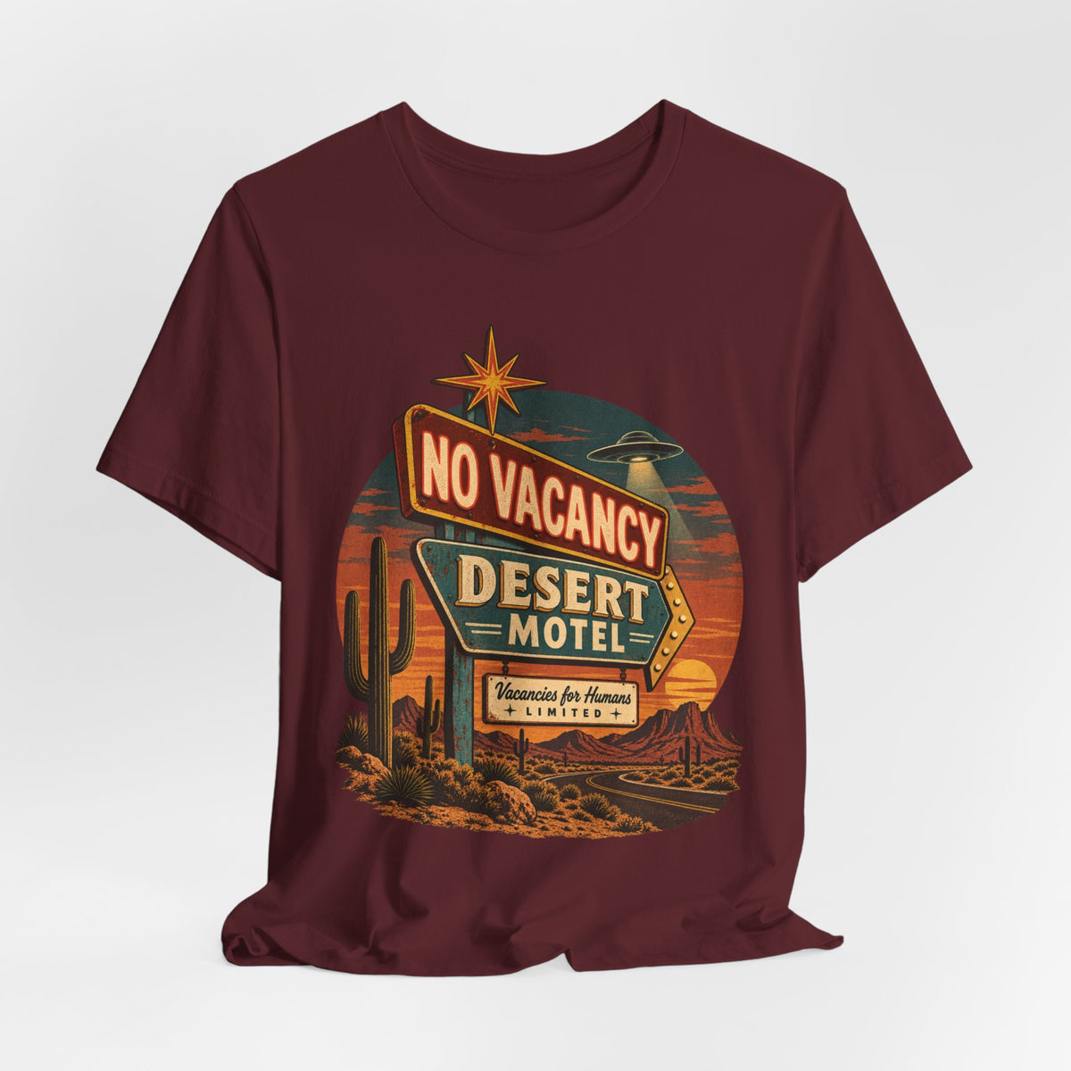 Desert Motel No Vacancy UFO Tee in Brown - retro UFO desert motel shirt, Barely Outdoorsy Bella Canvas 3001