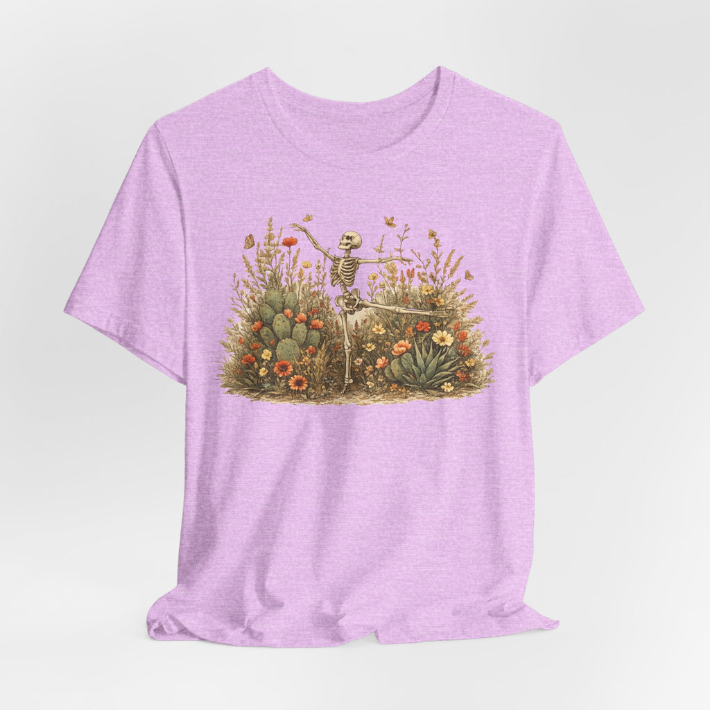 Dancing Skeleton Desert Wildflower T-Shirt in Maroon - boho skeleton desert poppy prickly pear graphic tee, Barely Outdoorsy Bella Canvas
