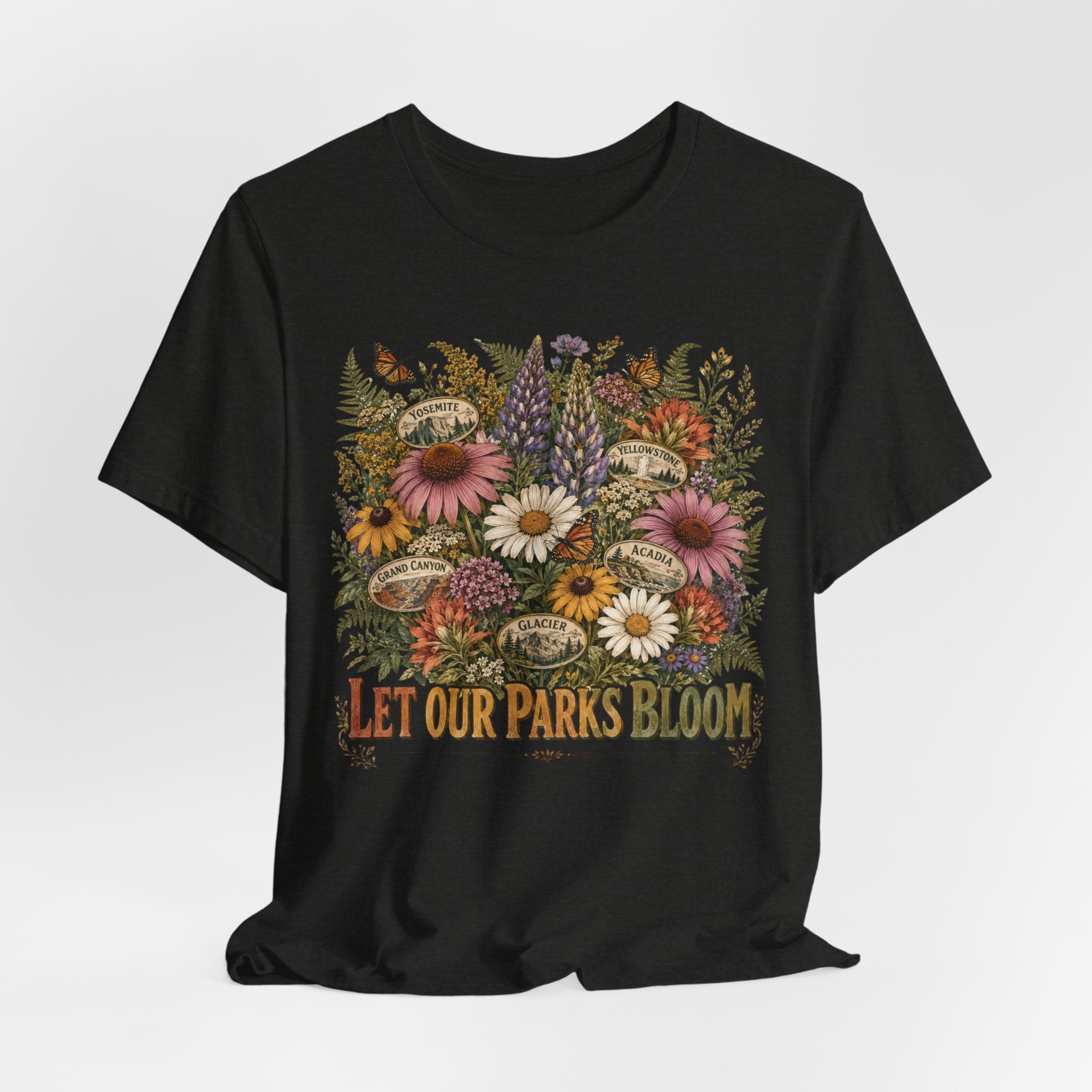 Let Our Parks Bloom Tee in Black Heather - national parks wildflower badge illustration shirt, Barely Outdoorsy Bella Canvas 3001