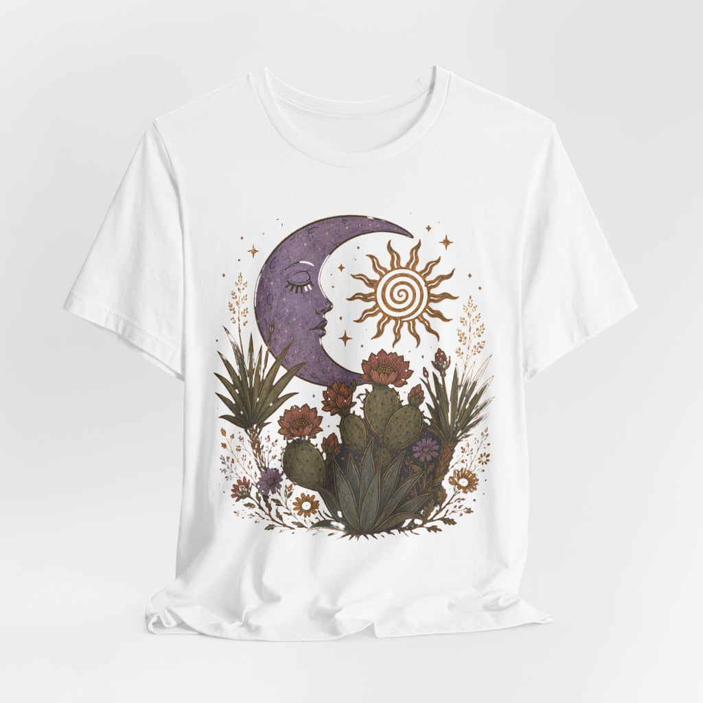 Desert Moon and Sun Botanical Tee in Heather True Royal detail - celestial moon sun desert botanical close-up graphic