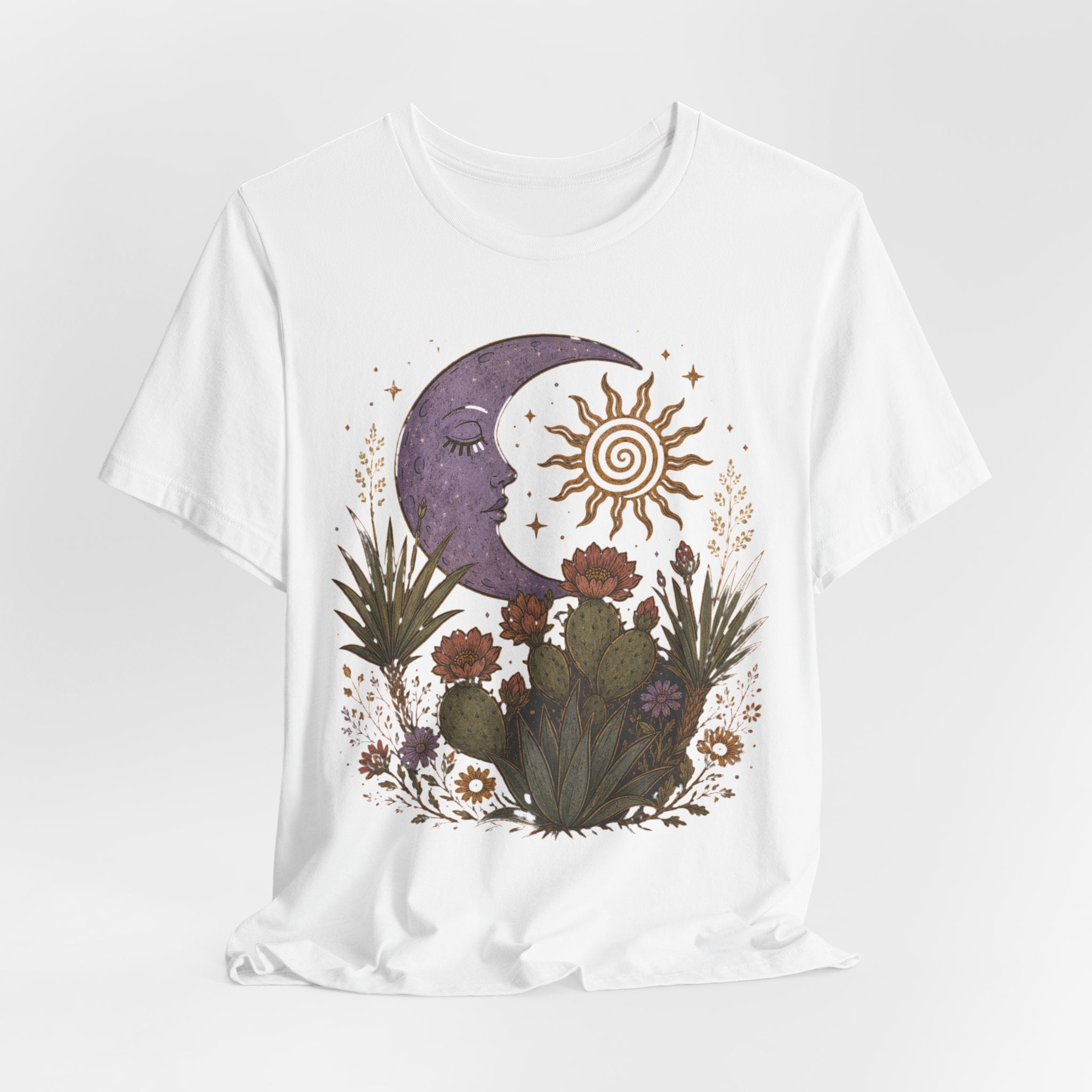 Desert Moon and Sun Botanical Tee in Heather True Royal detail - celestial moon sun desert botanical close-up graphic