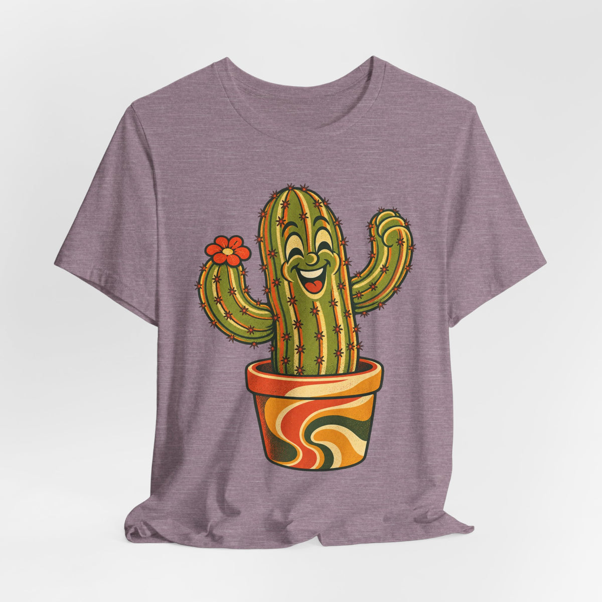 Happy Cactus Retro 70s T-Shirt in Black Heather - retro 70s cartoon happy cactus plant graphic tee, Barely Outdoorsy
