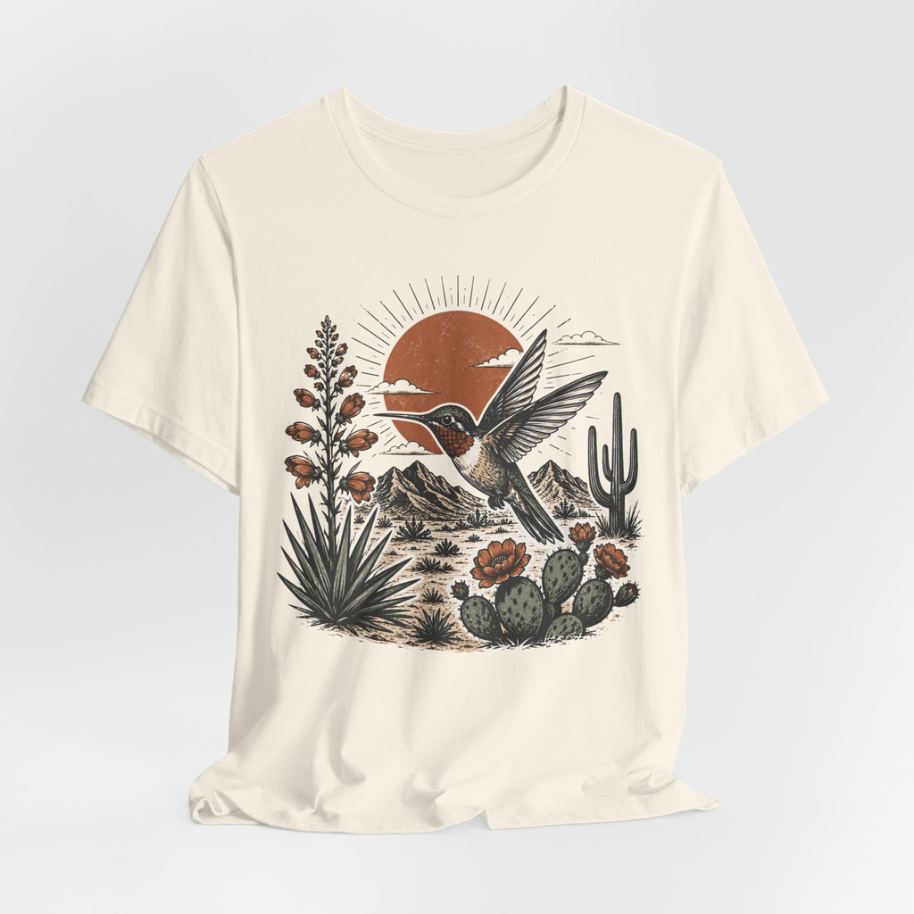 Sunset Hummingbird Desert Adventure T-Shirt in Pink - hummingbird desert sunset Southwest graphic tee, Barely Outdoorsy Bella Canvas