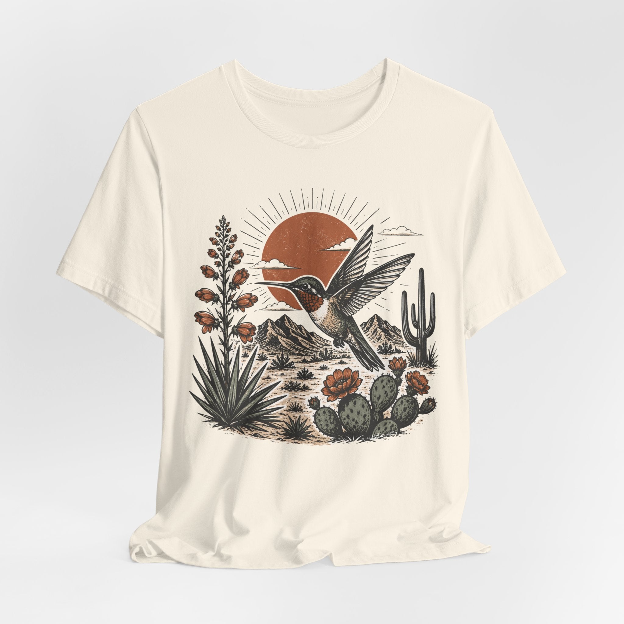 Sunset Hummingbird Desert Adventure T-Shirt in Pink - hummingbird desert sunset Southwest graphic tee, Barely Outdoorsy Bella Canvas