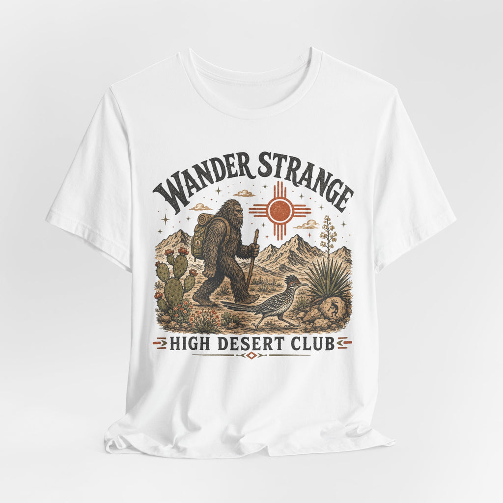 Wander Strange High Desert Club Tee in Heather True Royal - retro Bigfoot desert club badge shirt, Barely Outdoorsy
