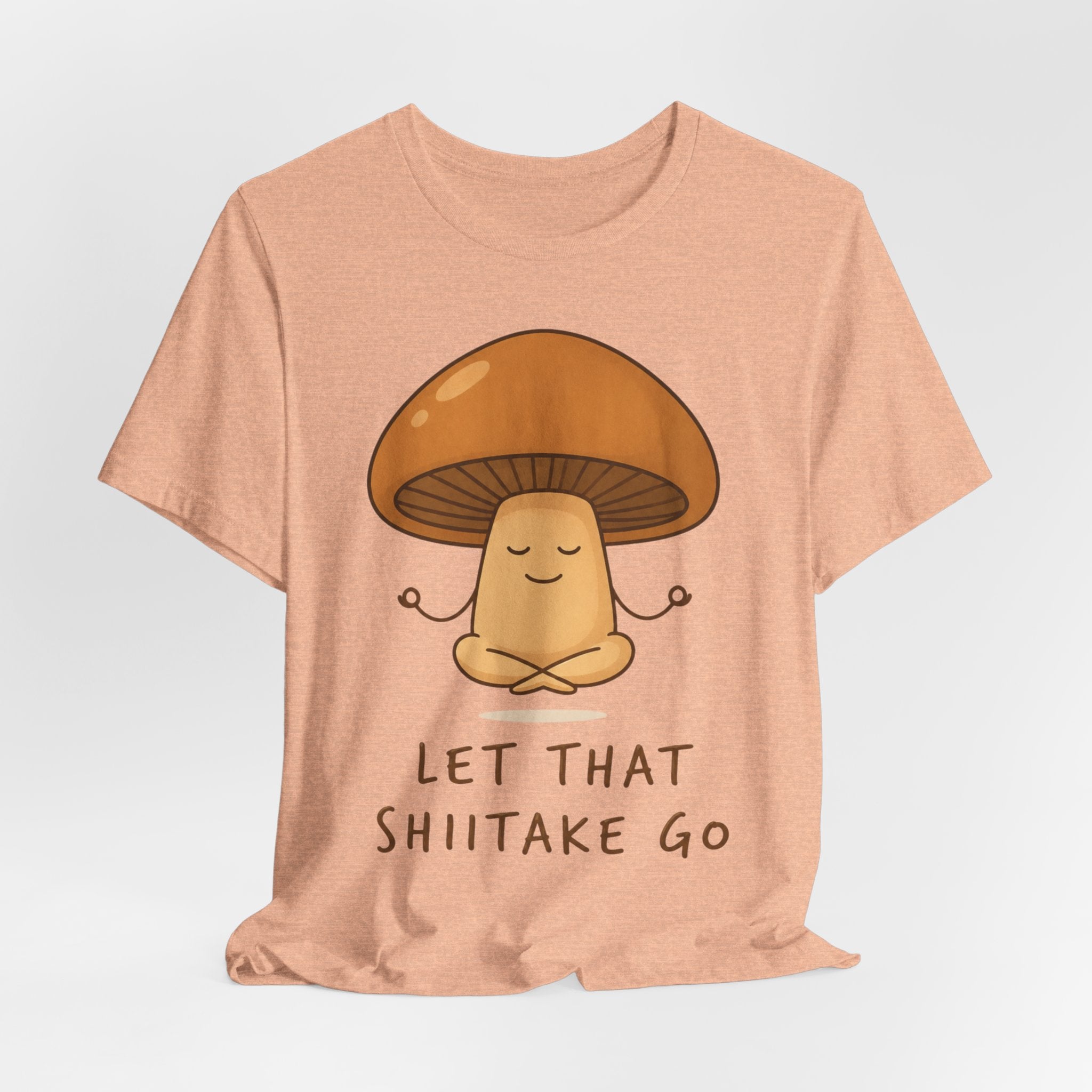Let That Shiitake Go T-Shirt in White - funny mushroom pun outdoor humor tee, Bella Canvas 3001