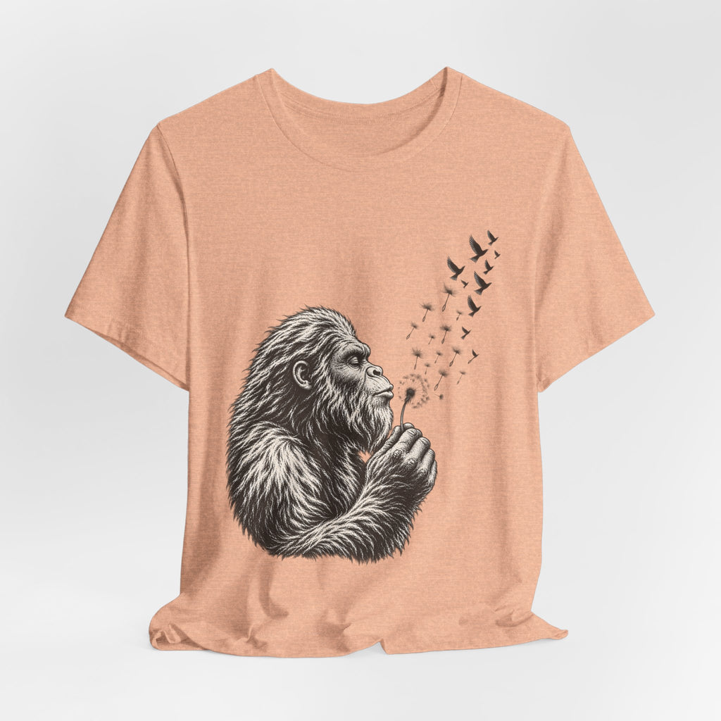 Bigfoot Blowing Dandelion Wishes Tee in Dark Grey Heather - funny Sasquatch dandelion wish shirt, Barely Outdoorsy