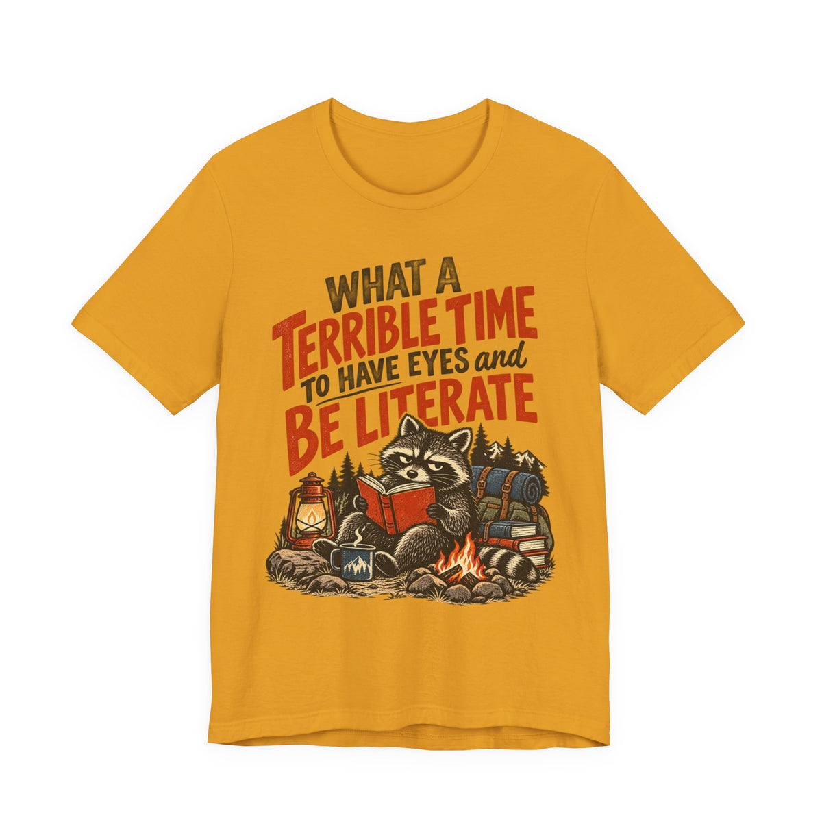 Terrible Time to Be Literate Camping Raccoon T-Shirt in Storm - funny raccoon camping literate graphic tee, Barely Outdoorsy Bella Canvas