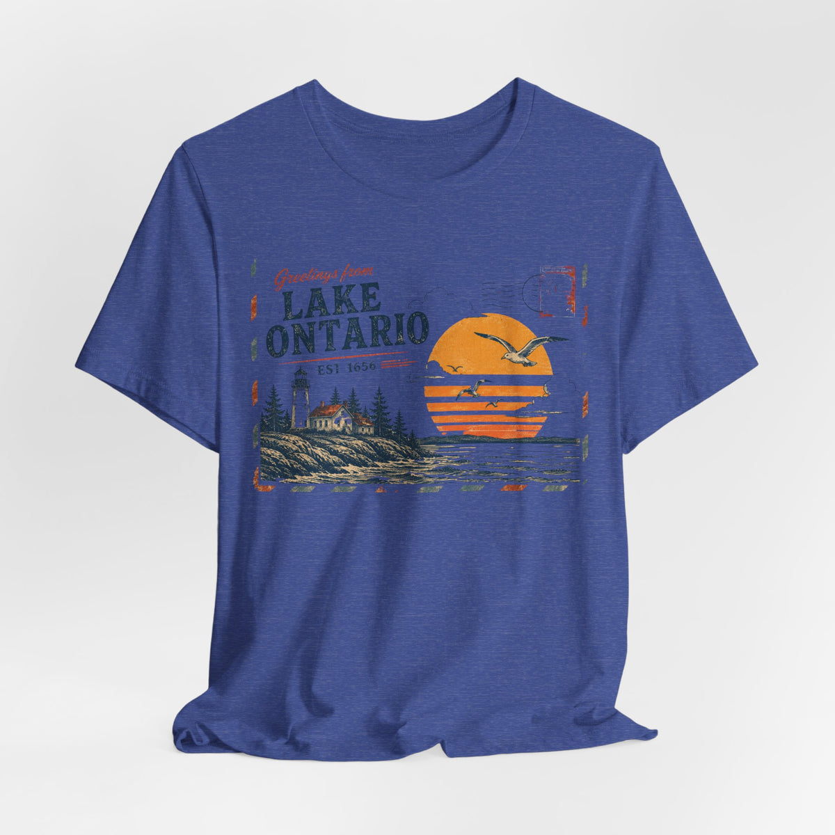 Lake Ontario Vintage Postcard T-Shirt flat lay Athletic Heather - unisex crew neck retro postcard graphic tee, Barely Outdoorsy