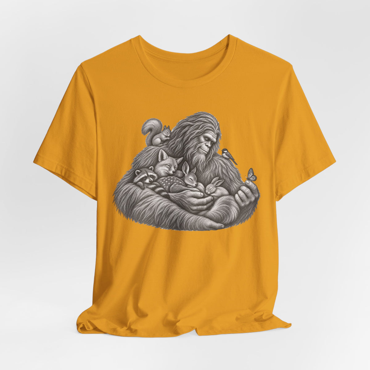 Guardian of the Forest Bigfoot Tee in Heather Peach - Sasquatch forest guardian painterly shirt, Barely Outdoorsy Bella Canvas 3001