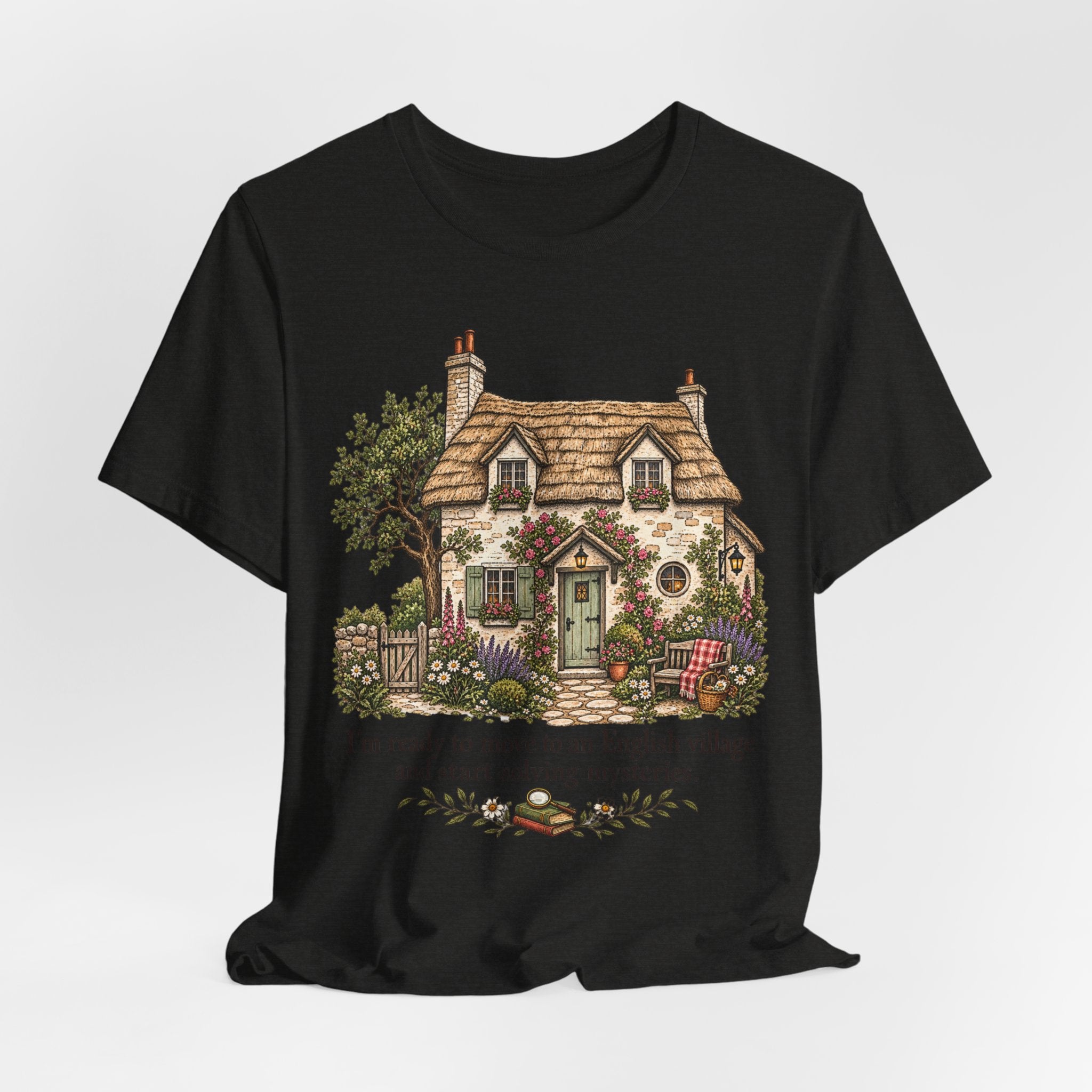 English Village Mysteries Funny Cozy T-Shirt in Black Heather - cottagecore English village mystery graphic tee, Barely Outdoorsy