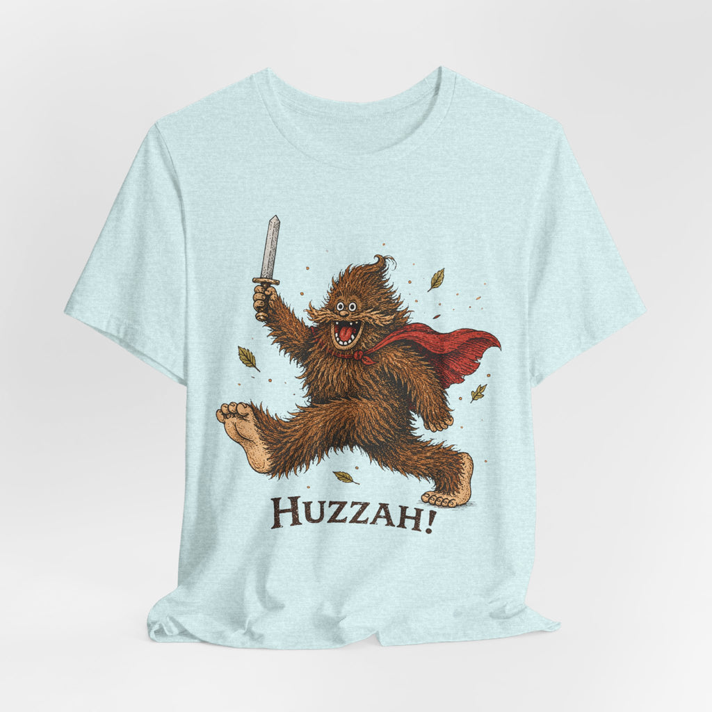 Huzzah Bigfoot Tee in Heather Prism Lilac - funny Sasquatch huzzah RPG humor shirt, Barely Outdoorsy Bella Canvas