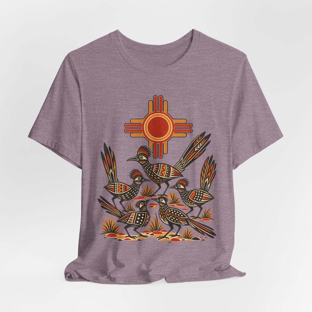 New Mexico Roadrunner Sun T-Shirt in Heather Brown - Southwest New Mexico roadrunner sun graphic tee, Barely Outdoorsy