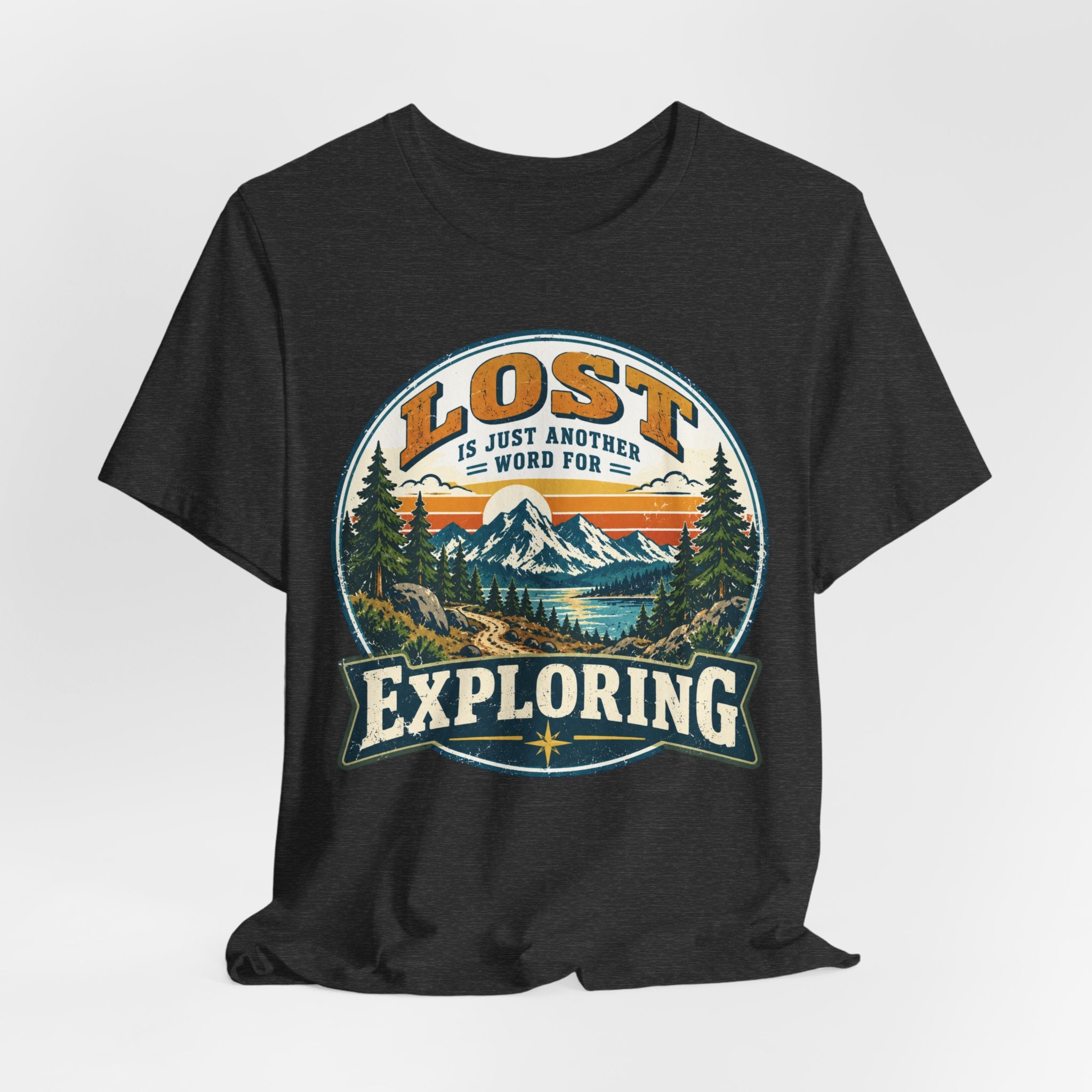 Lost Is Just Another Word For Exploring Tee in Black Heather - funny hiking lost exploring shirt, Barely Outdoorsy Bella Canvas 3001