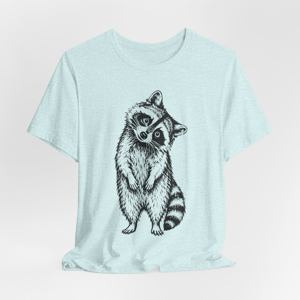 Suspicious Raccoon Tee in Heather Ice Blue - funny suspicious trash panda shirt, Barely Outdoorsy Bella Canvas