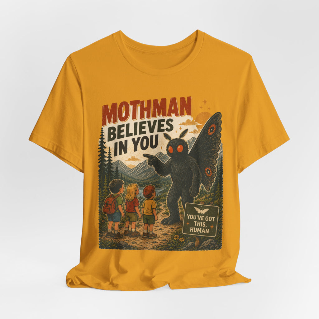 Mothman Believes In You Tee in Red - funny Mothman believes in you shirt, Barely Outdoorsy Bella Canvas