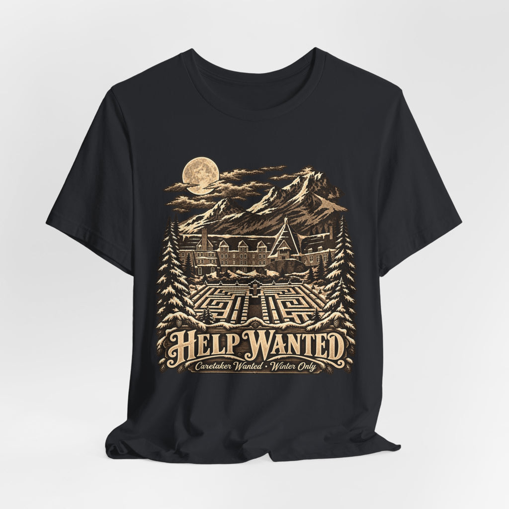 Help Wanted Winter Caretaker T-Shirt in Heather Slate - funny horror caretaker graphic tee, Barely Outdoorsy