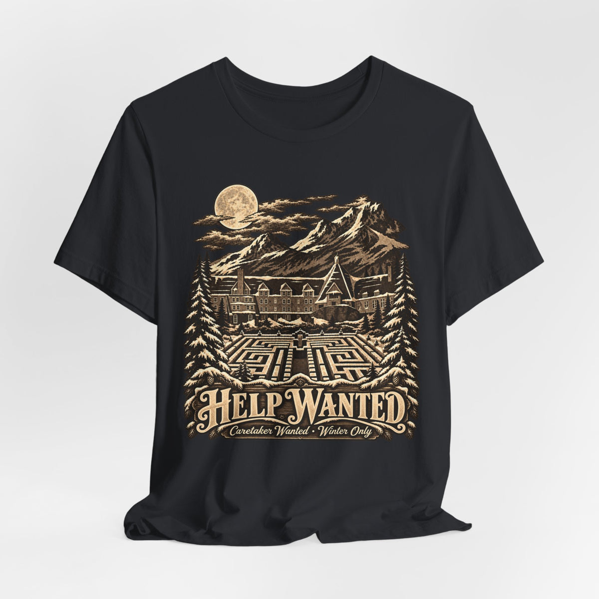 Help Wanted Winter Caretaker T-Shirt in Heather Slate - funny horror caretaker graphic tee, Barely Outdoorsy
