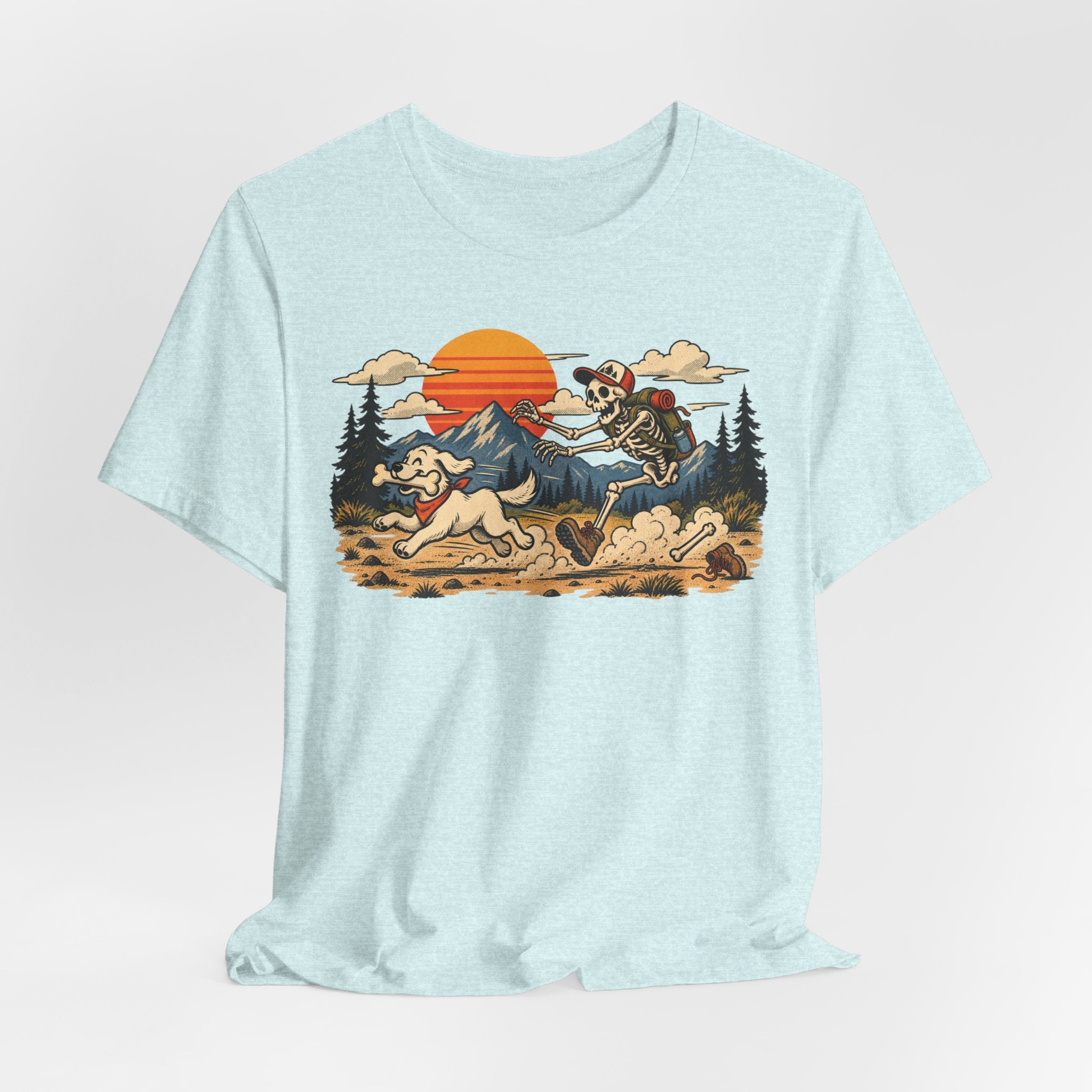 Skeleton Hiker Playing Fetch T-Shirt in White - funny skeleton hiking fetch dark humor graphic tee, Barely Outdoorsy