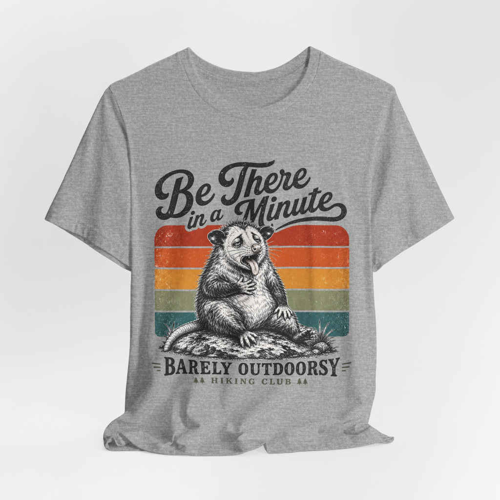 Be There In A Minute T-Shirt in White - opossum yawn retro rainbow stripe graphic tee, Bella Canvas 3001