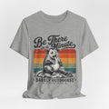 Be There In A Minute T-Shirt in White - opossum yawn retro rainbow stripe graphic tee, Bella Canvas 3001