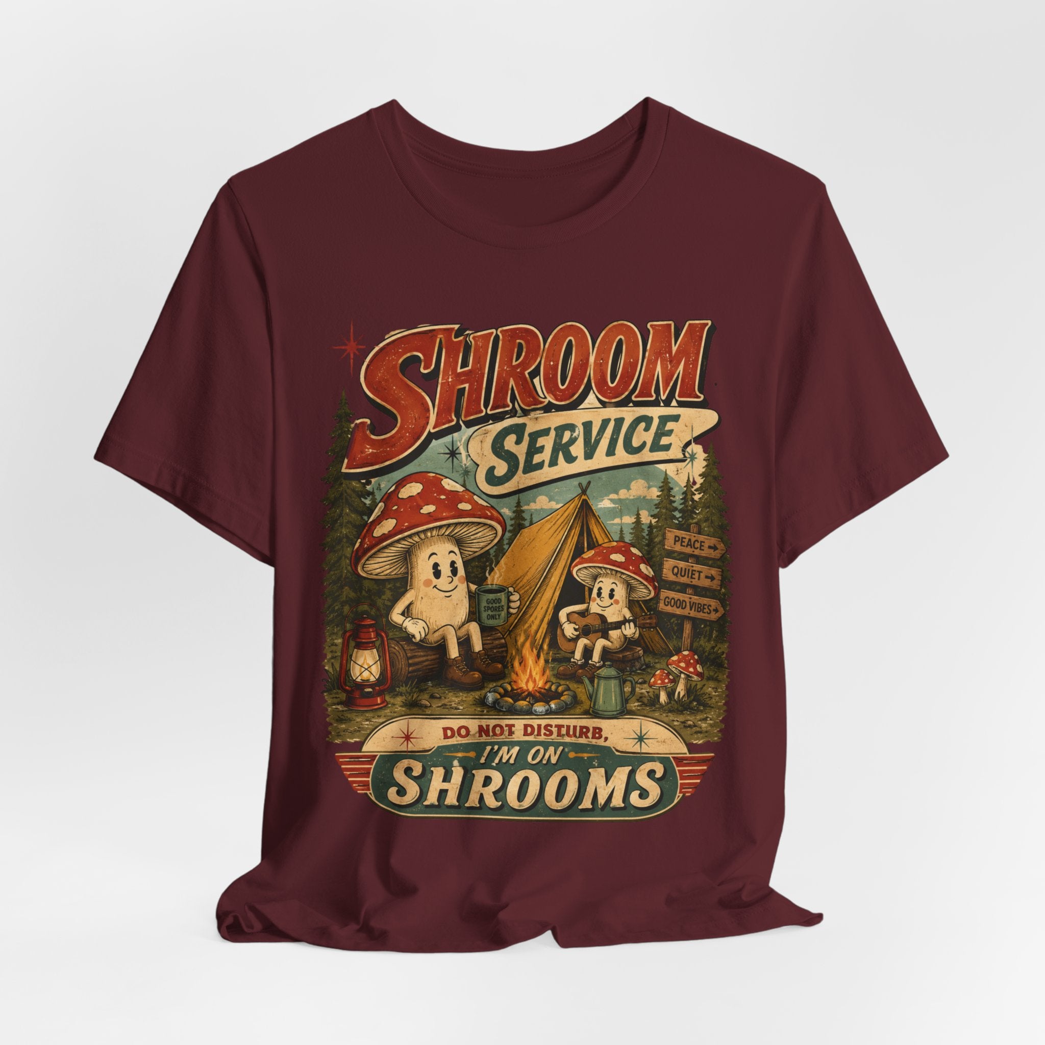 Shroom Service T-Shirt in Black Heather - retro cartoon mushroom camping graphic tee, Barely Outdoorsy