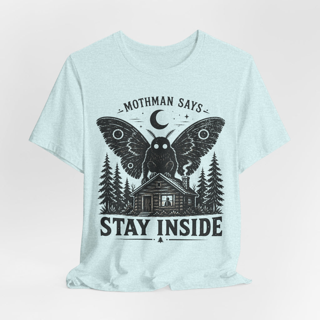Mothman Says Stay Inside T-Shirt in Heather Peach worn shot - funny Mothman paranormal shirt, Barely Outdoorsy Bella Canvas