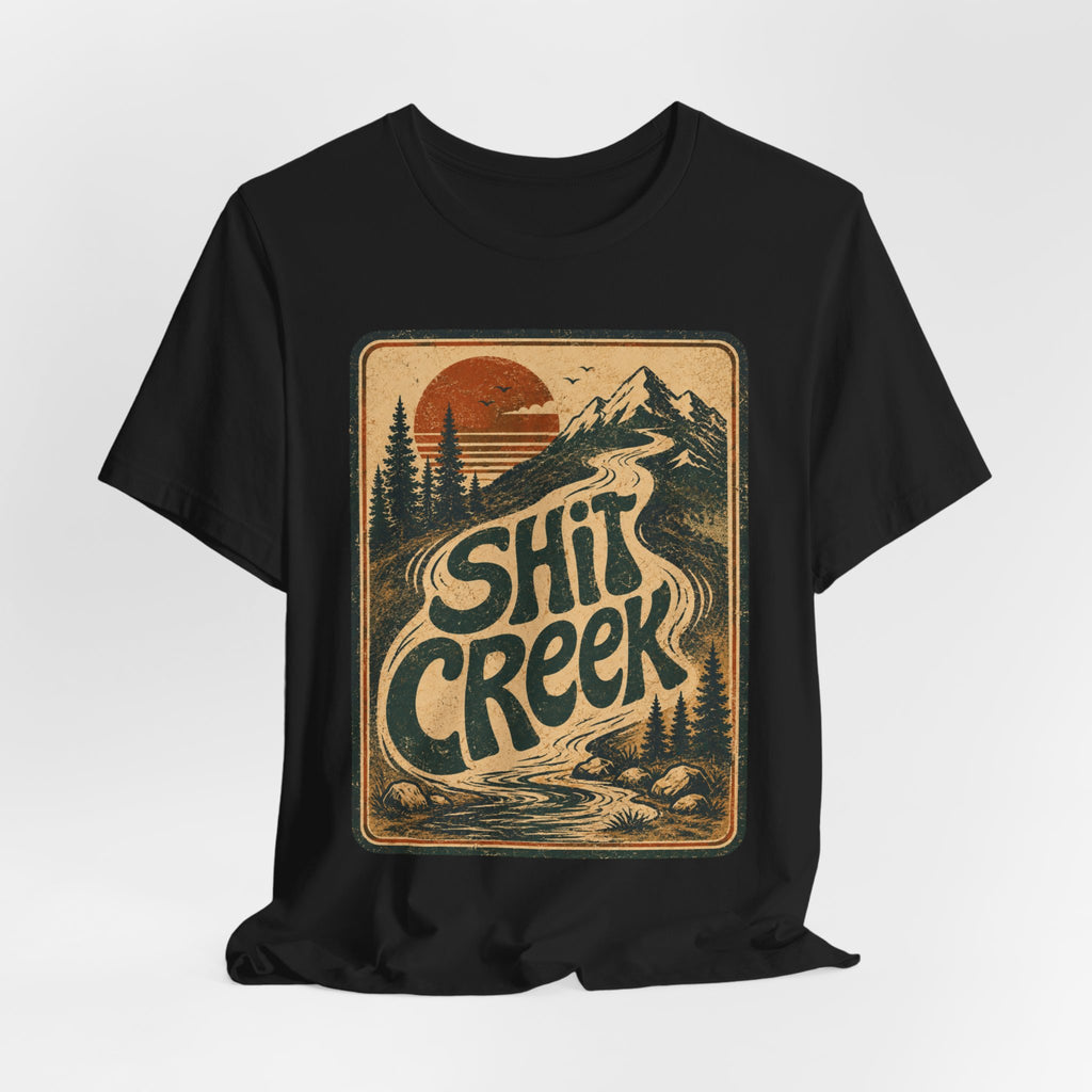 Shit Creek Retro Mountain Tee in Red - funny hiking shit creek shirt, Barely Outdoorsy Bella Canvas