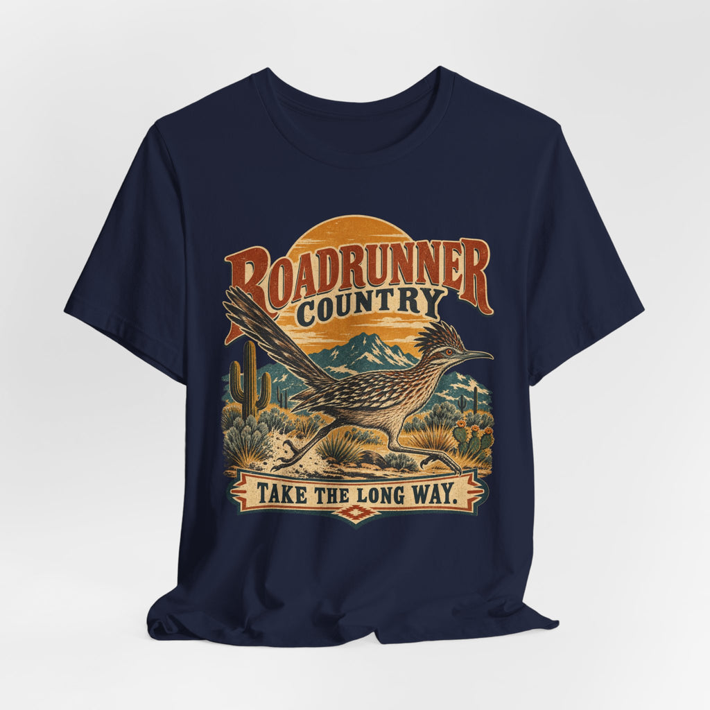 Roadrunner Country T-Shirt in Athletic Heather - retro Southwest roadrunner country graphic tee, Barely Outdoorsy Bella Canvas 3001