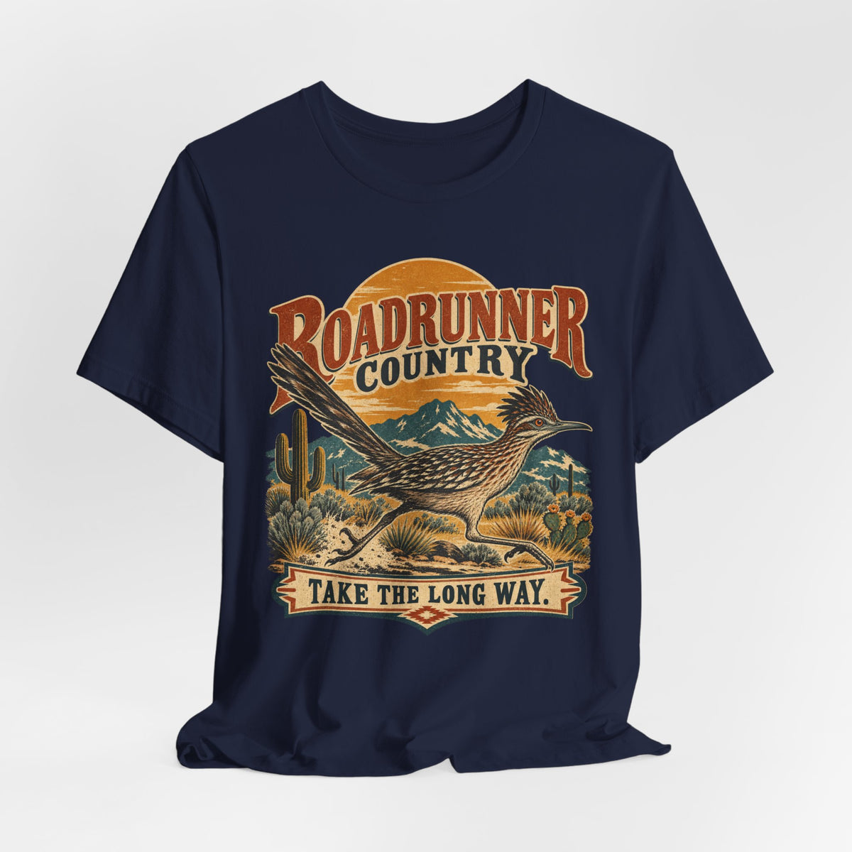 Roadrunner Country T-Shirt in Athletic Heather - retro Southwest roadrunner country graphic tee, Barely Outdoorsy Bella Canvas 3001