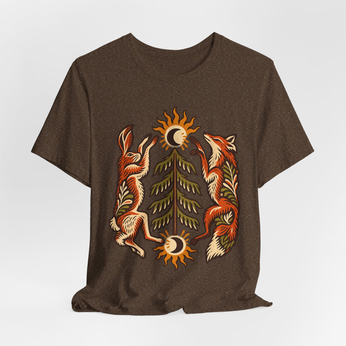 Fox and Hare Folk Art T-Shirt in Heather Maroon - folk art fox and hare woodland wildlife graphic tee, Barely Outdoorsy