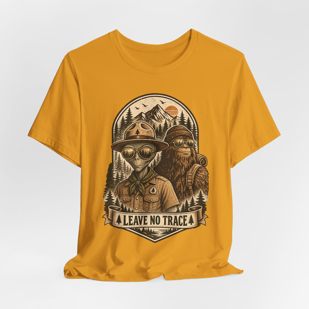 Alien Ranger Bigfoot Leave No Trace T-Shirt in Dark Grey Heather - funny alien ranger Bigfoot national park graphic tee, Barely Outdoorsy Bella Canvas 3001