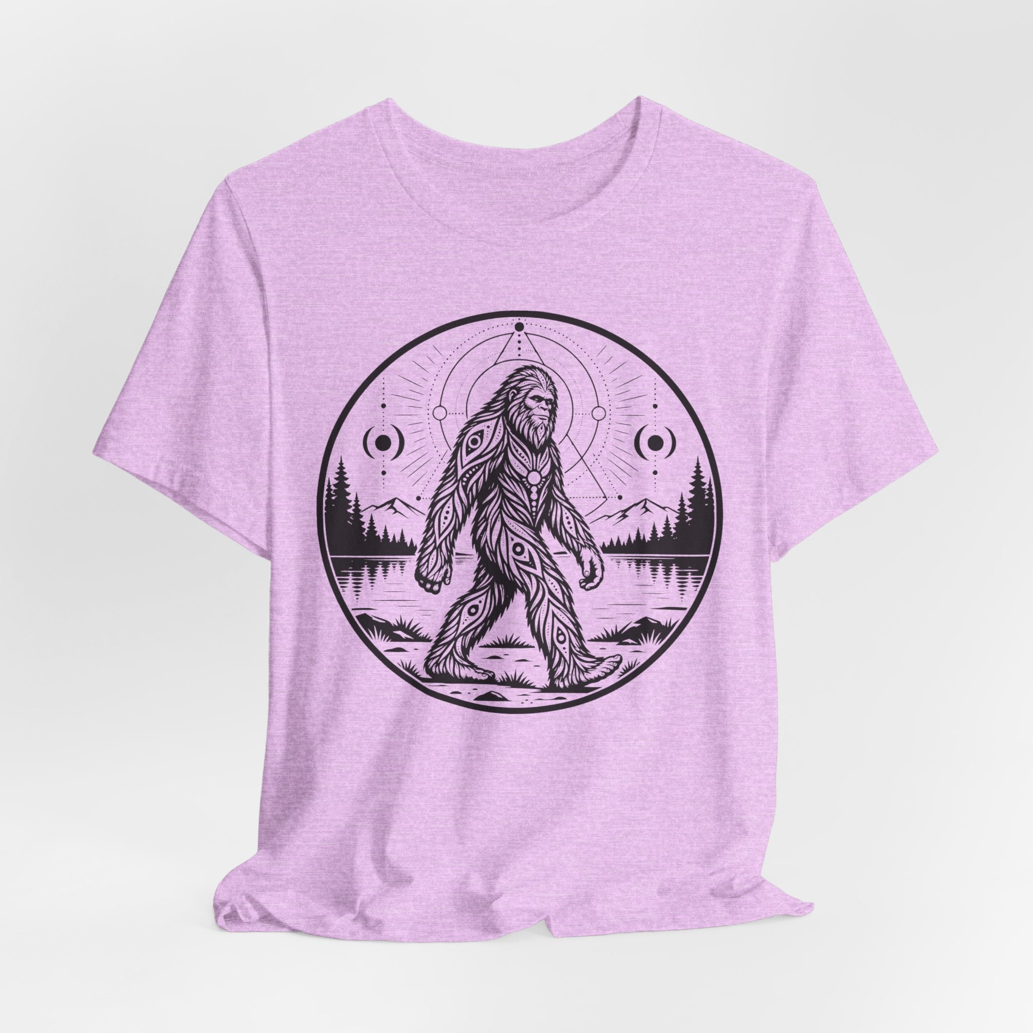 Celestial Bigfoot T-Shirt in Athletic Heather - boho celestial Sasquatch moon stars graphic tee, Barely Outdoorsy Bella Canvas 3001