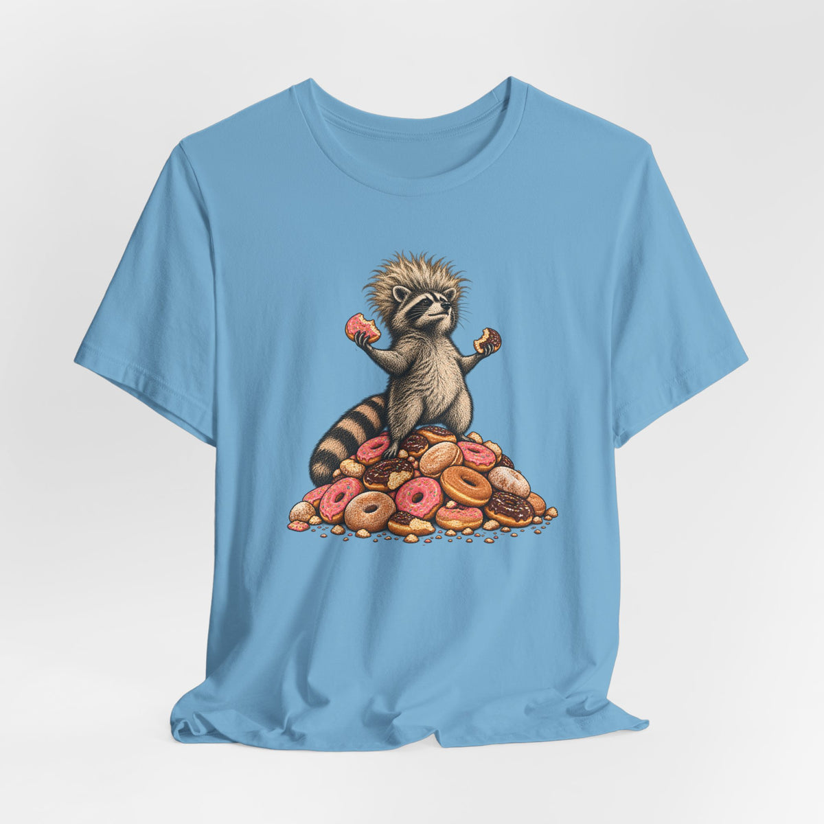 Donut King Raccoon T-Shirt in Ocean Blue - funny goblincore donut king raccoon humor graphic tee, Barely Outdoorsy