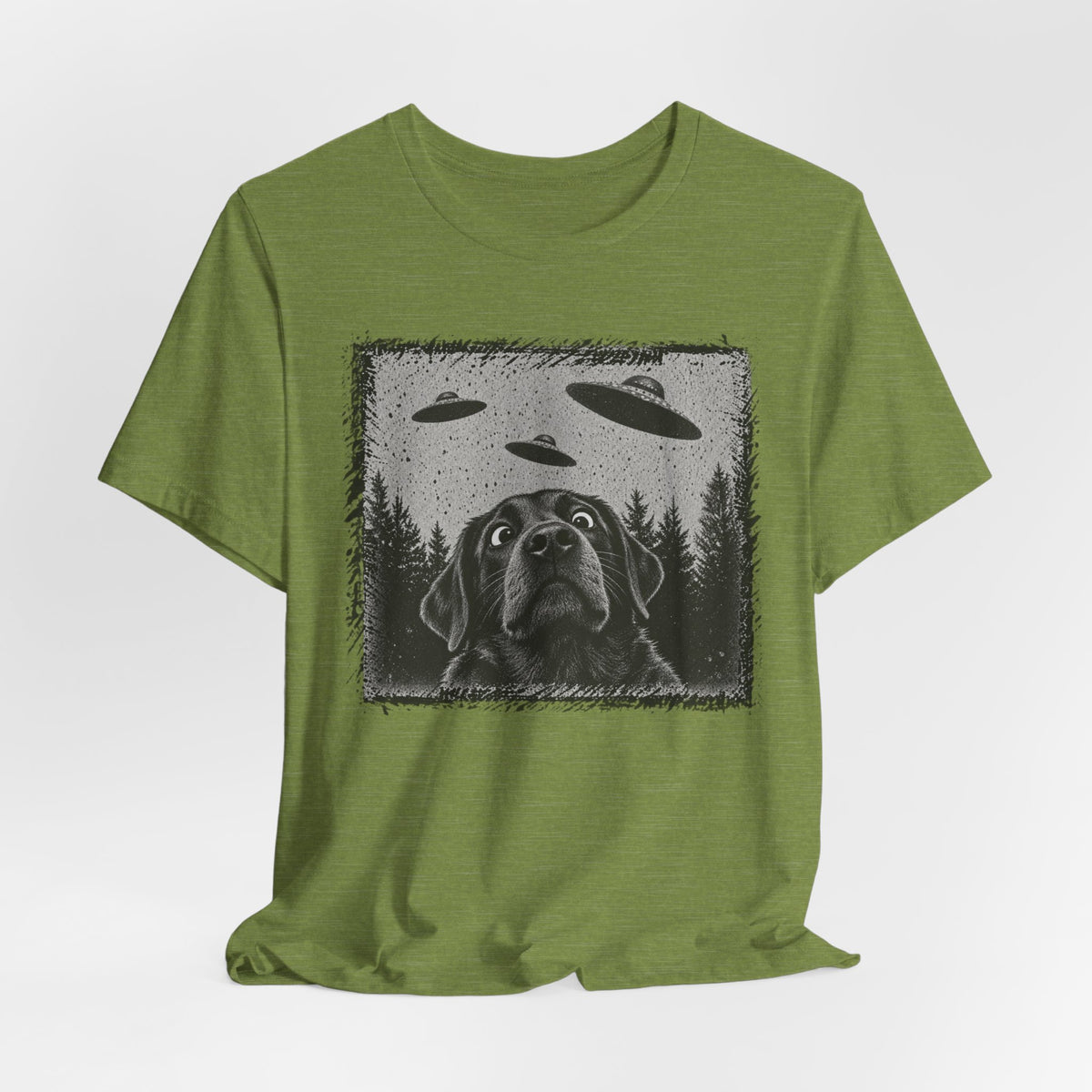 Black Lab UFO T-Shirt in Heather Purple - funny black lab UFO graphic tee, Barely Outdoorsy