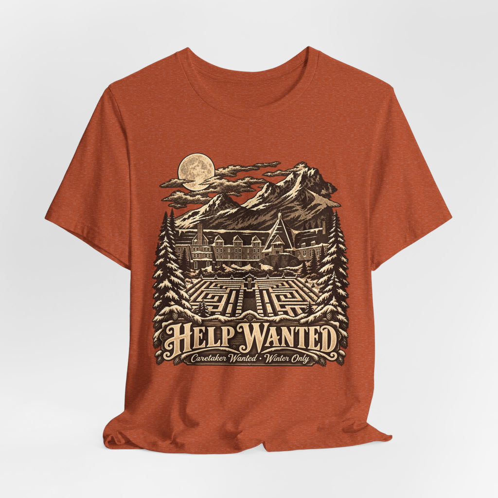 Help Wanted Winter Caretaker Tee in White - funny winter caretaker parody shirt, Barely Outdoorsy Bella Canvas 3001